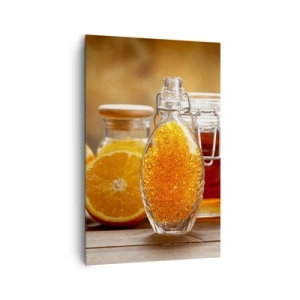 Impression sur toile - Image sur toile - Une bouteille de liquide ambré et des oranges fraîches - 80x120cm - Saveurs et arômes ensoleillés - Décoration murale moderne pour le salon et la chambre ARTTOR