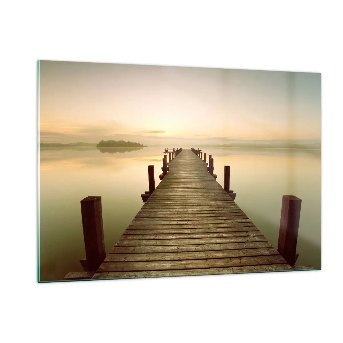 Impression sur verre - Image sur verre - Une jetée en bois sur un lac calme à l'aube - 120x80cm - L'aube, les premières lueurs, le jour - Décoration murale moderne pour le salon et la chambre ARTTOR