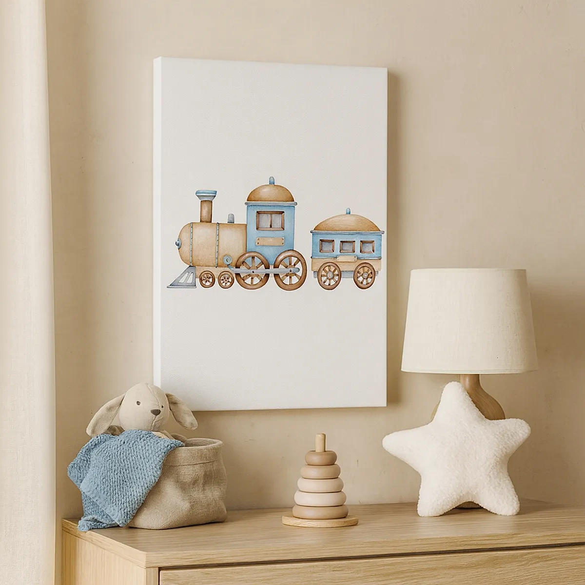 Impression sur toile - Image sur toile - Dessin d'un train aux tons pastel sur fond blanc - 50x70cm - Il est à la gare... - Décoration murale moderne pour le salon et la chambre ARTTOR