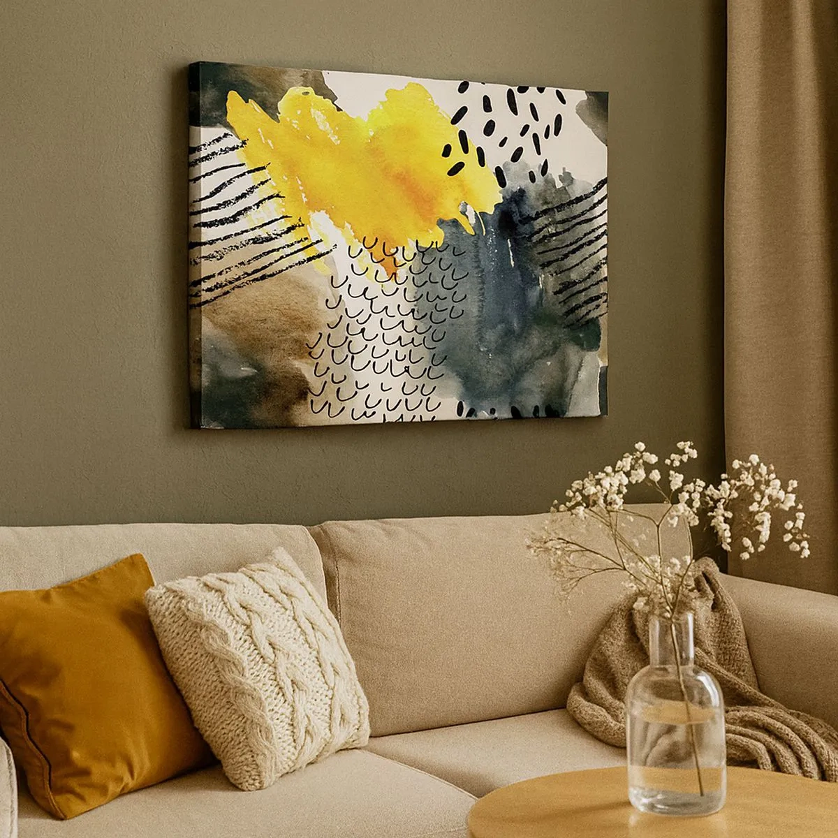 Impression sur toile - Image sur toile - Une composition abstraite avec des accents jaunes et des motifs graphiques. - 70x50cm - Rencontre des éléments - Décoration murale moderne pour le salon et la chambre ARTTOR