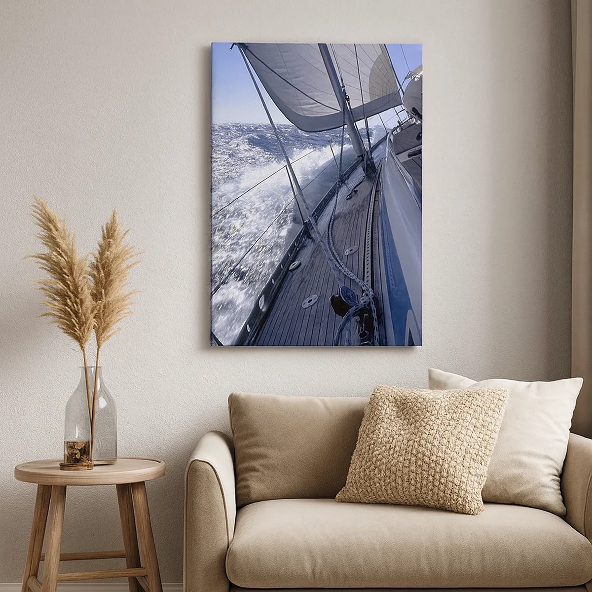 Impression sur toile - Image sur toile - Un voilier dans une mer agitée avec des voiles blanches et un pont en bois. - 50x70cm - Je sais ce que c'est d'être un oiseau - Décoration murale moderne pour le salon et la chambre ARTTOR