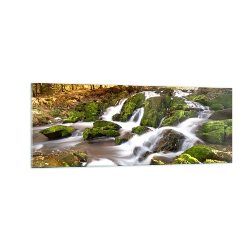 Impression sur verre - Image sur verre - Un paysage boisé avec une cascade entourée de mousse - 140x50cm - Rapidement à travers la forêt d'automne - Décoration murale moderne pour le salon et la chambre ARTTOR