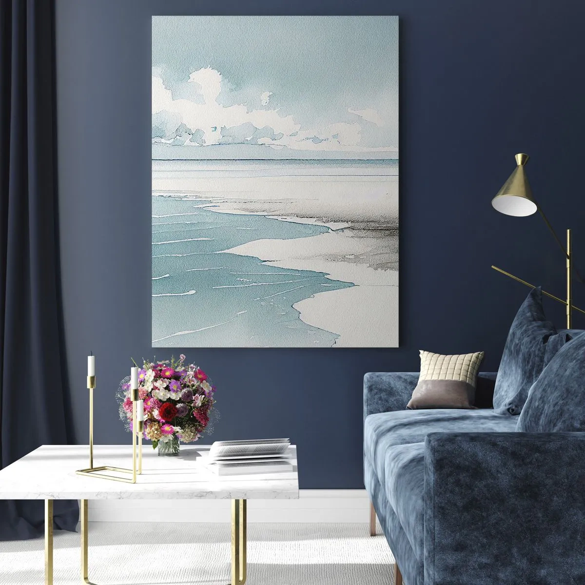 Impression sur verre - Image sur verre - Un paysage marin tranquille dans un style aquarelle dans des tons de bleu. - 50x70cm - Marée douce - Décoration murale moderne pour le salon et la chambre ARTTOR