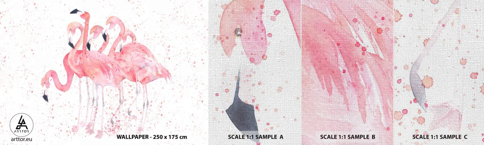 Échantillon de Papier Peint Premium Canvas - Ensemble rose - Flamants roses, Des oiseaux, Graphique - 100x30 cm