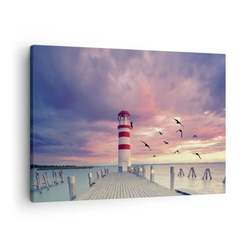 Impression sur toile - Image sur toile - Un phare sur la jetée entouré d'un coucher de soleil pittoresque - 70x50cm - C'est l'heure d'aller au port - Décoration murale moderne pour le salon et la chambre ARTTOR