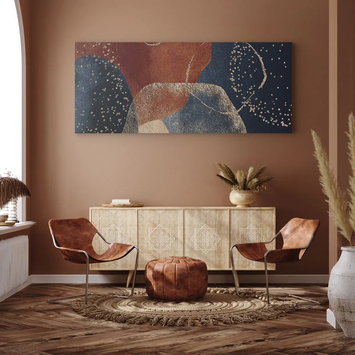 Impression sur toile - Image sur toile - Formes abstraites dans des tons de rouge et de bleu - 160x50cm - La légèreté de l'être - Décoration murale moderne pour le salon et la chambre ARTTOR
