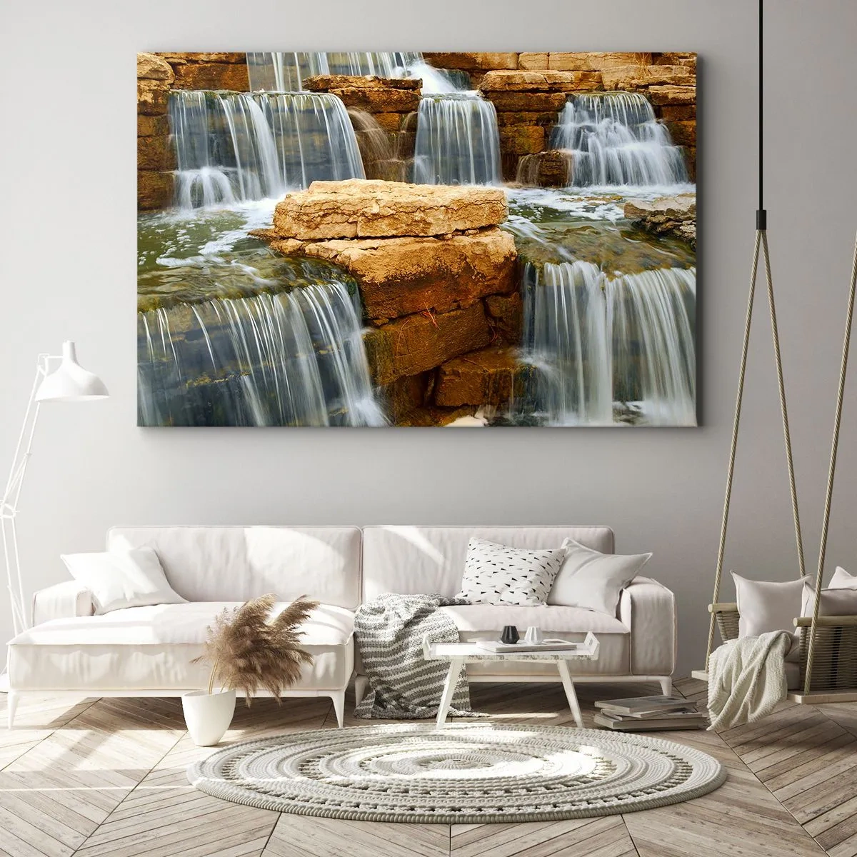 Impression sur toile - Image sur toile - Une cascade qui coule sur des marches de pierre - 70x50cm - Escalier vers le ciel - Décoration murale moderne pour le salon et la chambre ARTTOR