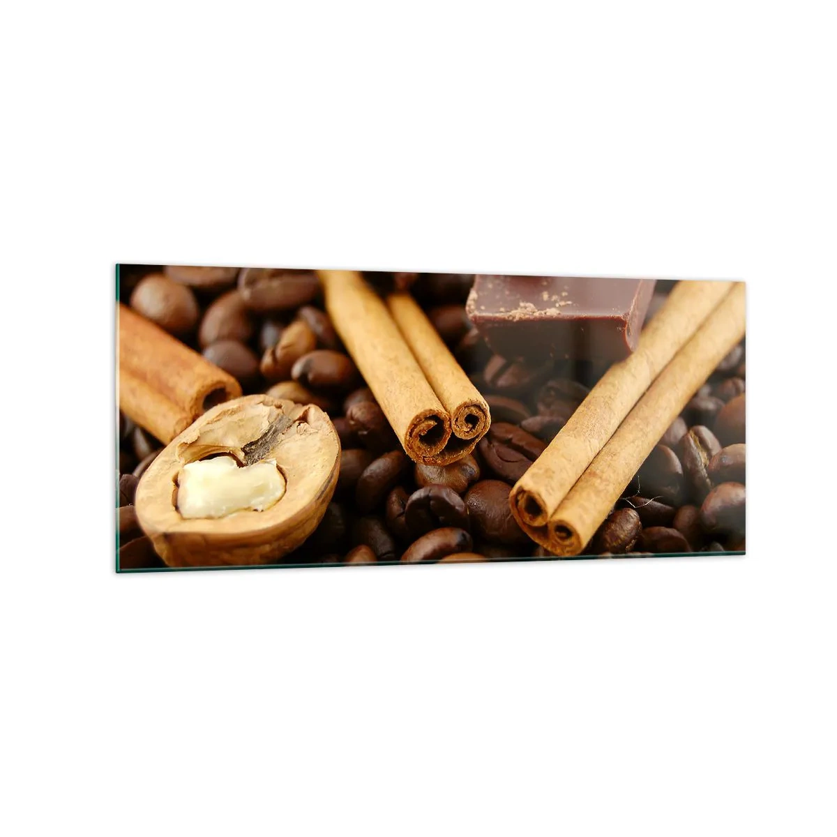 Impression sur verre - Image sur verre - Grains de café avec bâtons de cannelle, chocolat et noix. - 120x50cm - Concert d'aromates - Décoration murale moderne pour le salon et la chambre ARTTOR