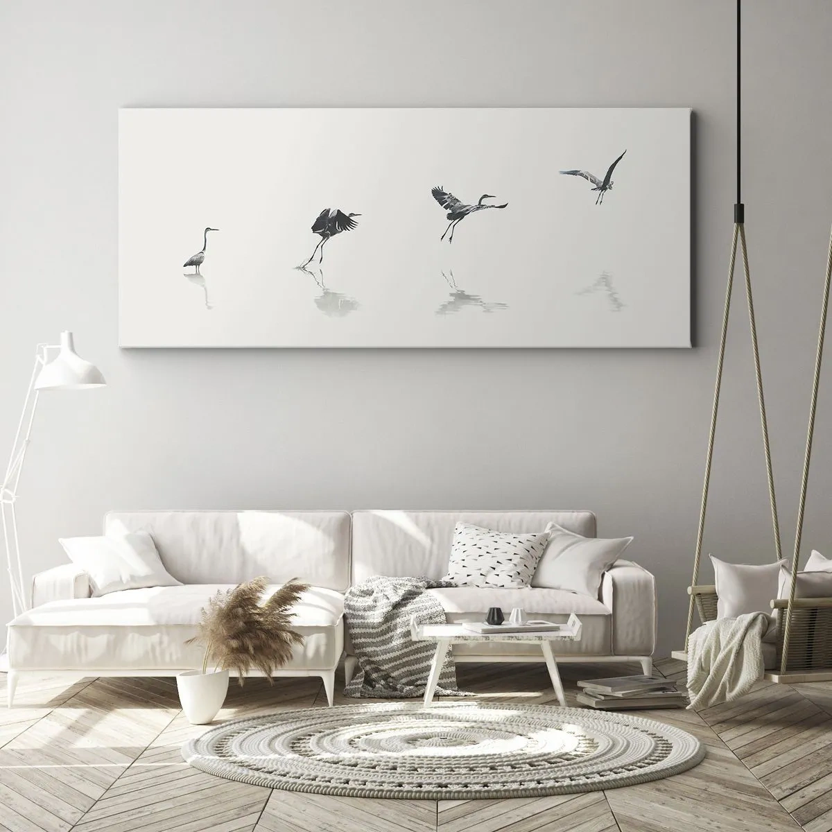 Impression sur toile - Image sur toile - Quatre silhouettes d'oiseaux se reflètent dans l'eau calme - 160x50cm - Quatre étapes simples - Décoration murale moderne pour le salon et la chambre ARTTOR