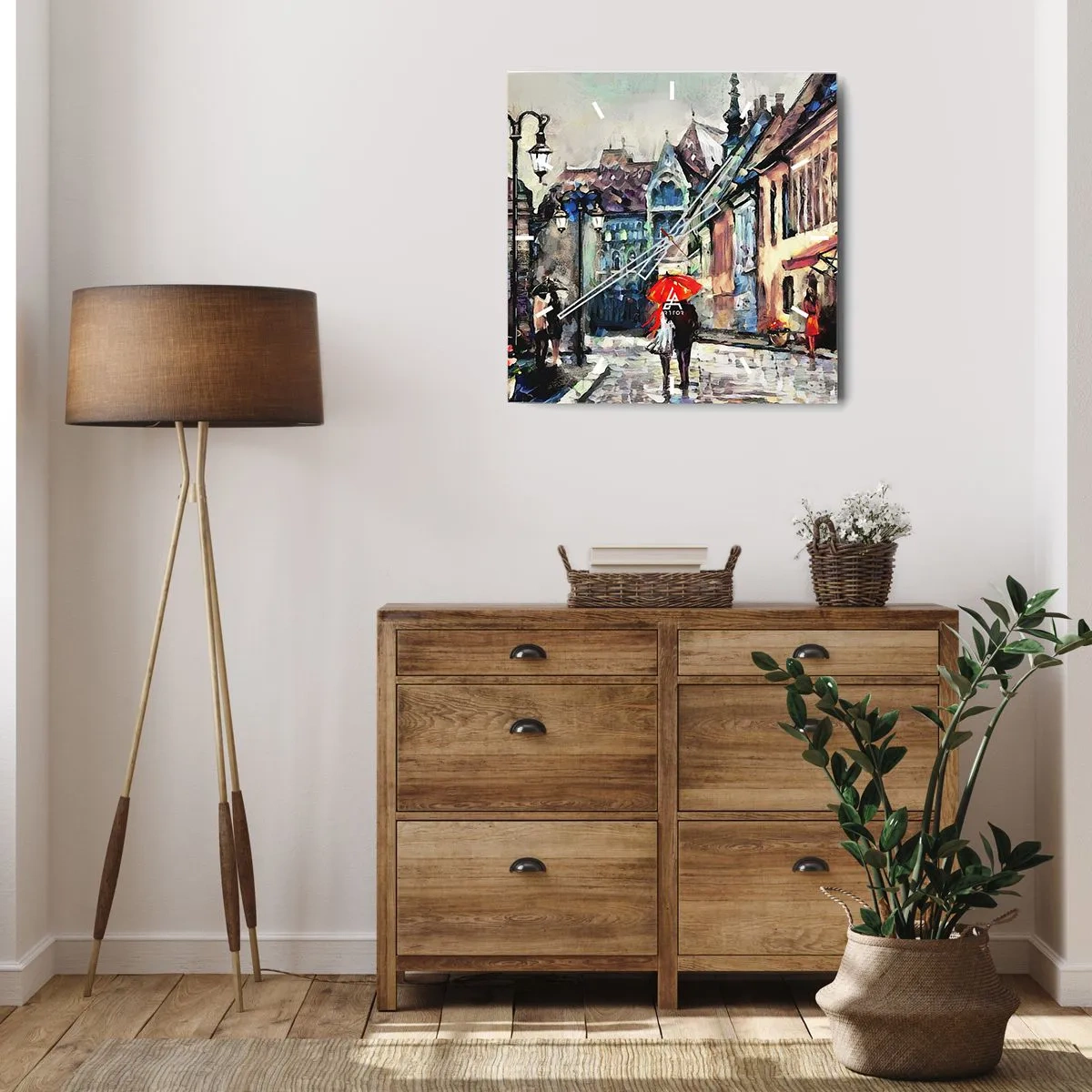 Horloge murale - Pendule murale - Une charmante rue de la ville avec un couple sous un parapluie rouge - 30x30cm - Pluie pour deux - Décoration murale moderne pour le salon et la chambre ARTTOR