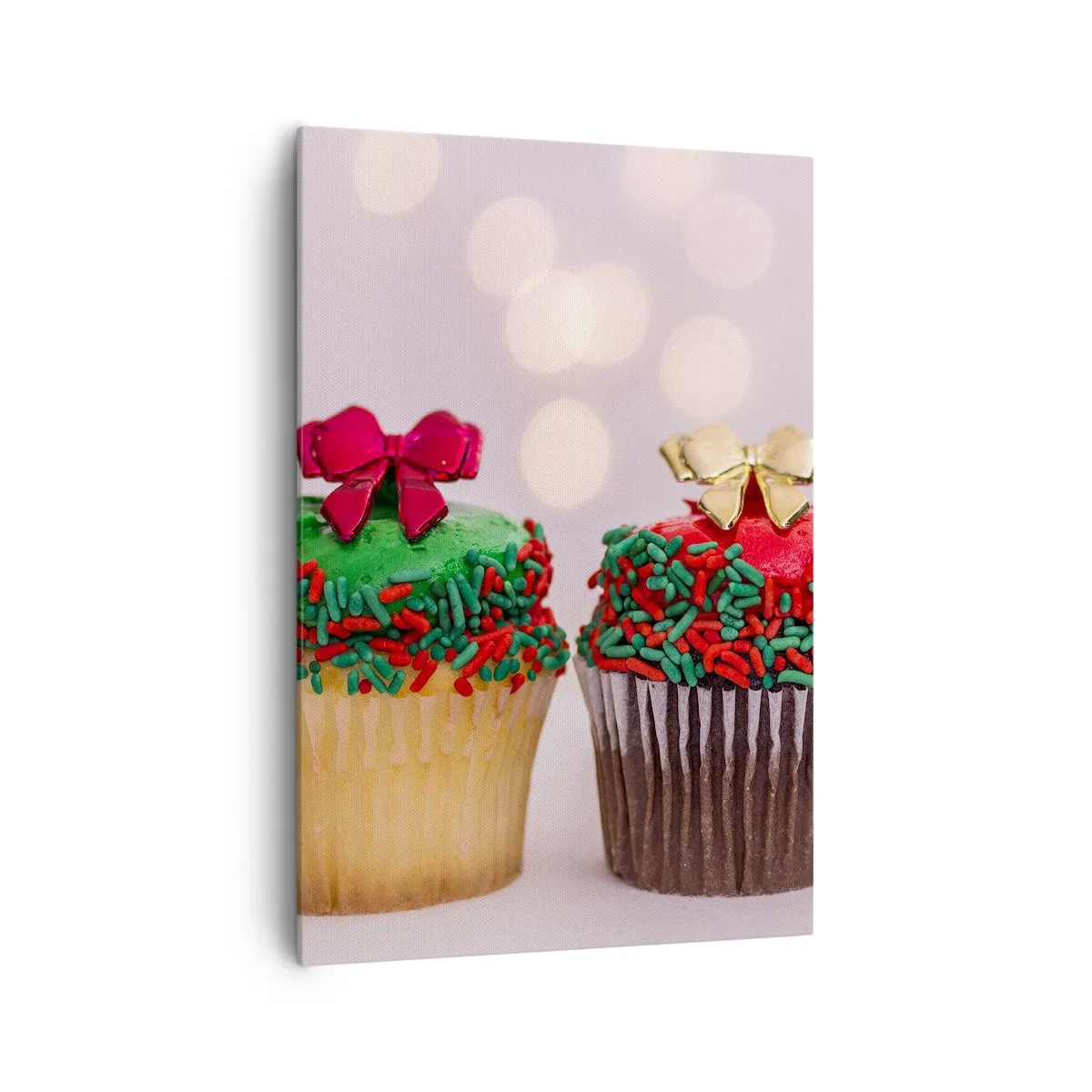 Impression sur toile - Image sur toile - Cupcakes de Noël avec des paillettes et des nœuds colorés - 70x100cm - Une sucrerie après la cocarde - Décoration murale moderne pour le salon et la chambre ARTTOR