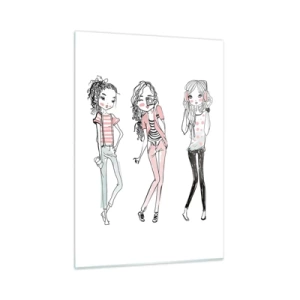 Impression sur verre - Image sur verre - Trois filles élégantes aux couleurs pastel - 50x70cm - On va s'amuser - Décoration murale moderne pour le salon et la chambre ARTTOR