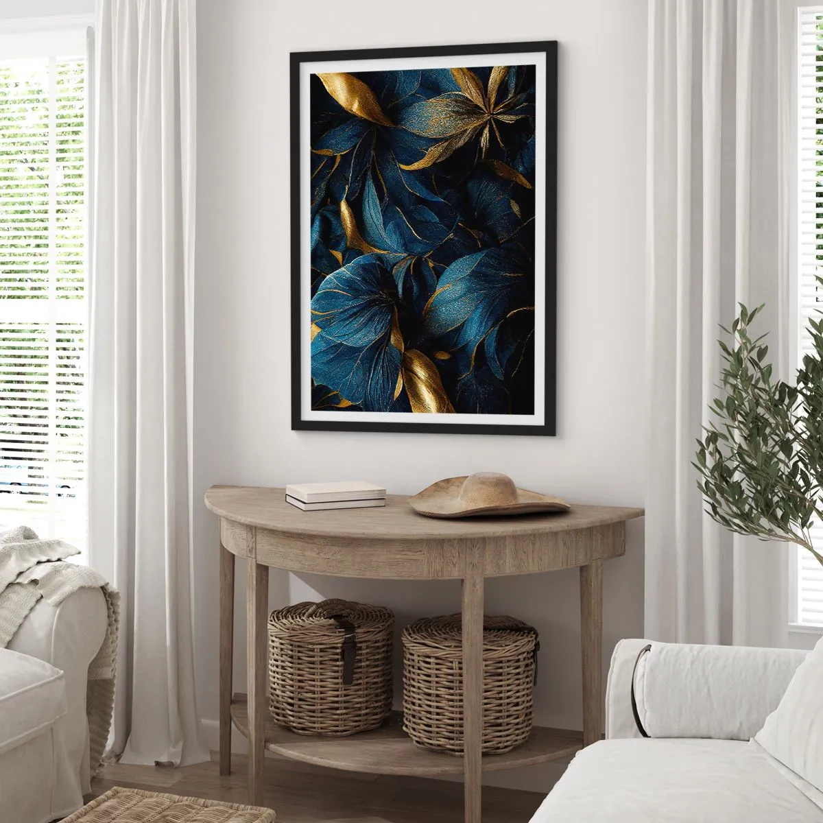 Affiche dans un cadre noir - Poster - Feuilles dorées sur un fond bleu marine profond - 50x70cm - Des dessous dorés - Décoration murale moderne pour le salon et la chambre ARTTOR