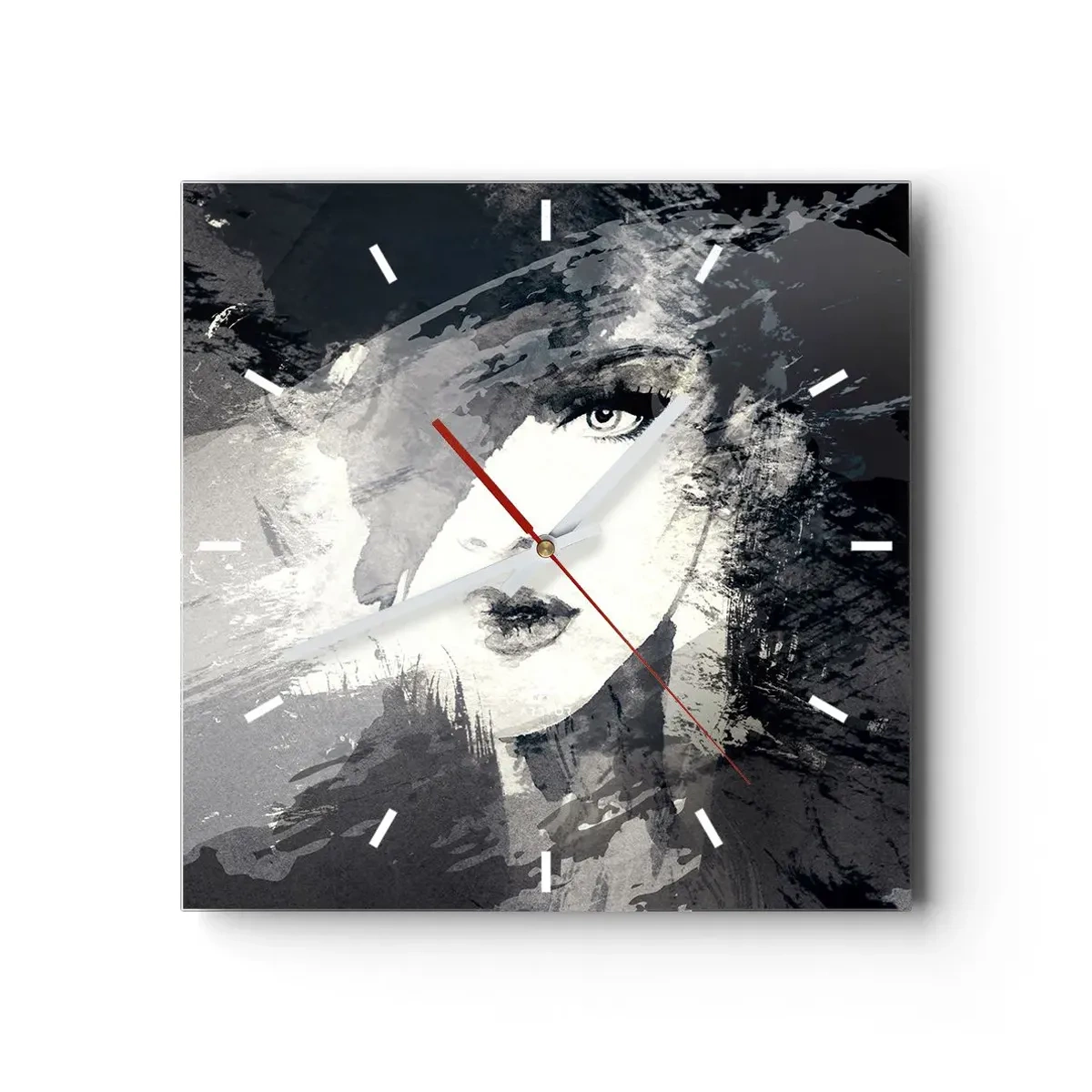 Horloge murale - Pendule murale - Un portrait abstrait d'une femme dans des tons de gris avec des accents délicats. - 30x30cm - Derrière un voile gris - Décoration murale moderne pour le salon et la chambre ARTTOR