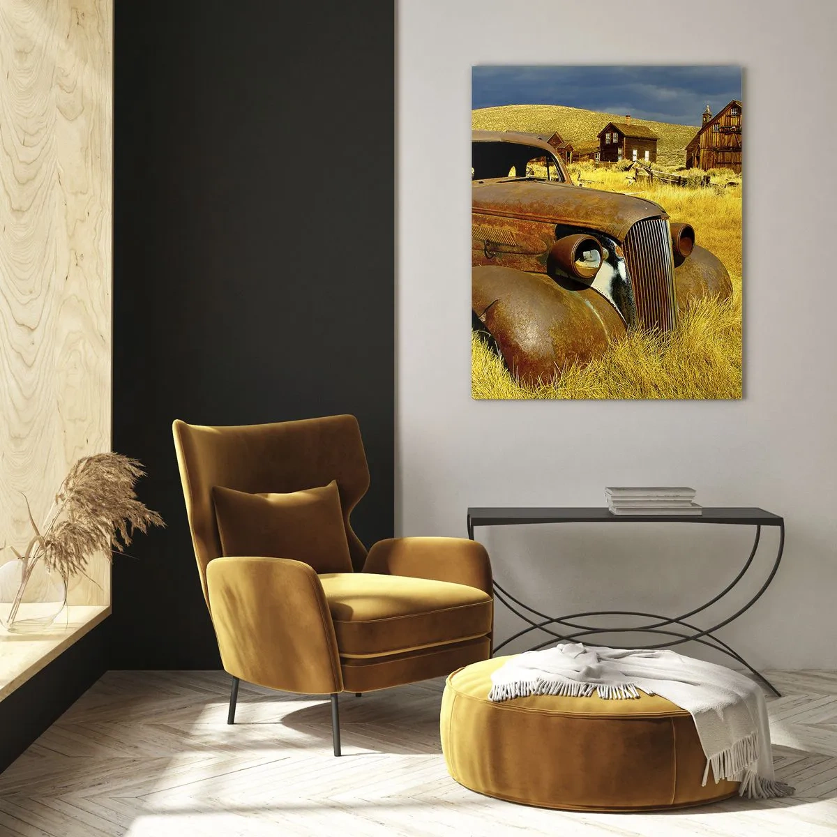 Impression sur verre - Image sur verre - Une voiture ancienne sur fond de village désert - 50x70cm - Repos bien mérité - Décoration murale moderne pour le salon et la chambre ARTTOR