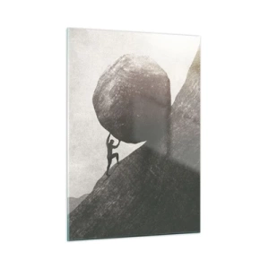 Impression sur verre - Image sur verre - Une silhouette poussant un rocher vers le haut d'une colline dans un paysage de montagne - 50x70cm - Je crois contre tout espoir - Décoration murale moderne pour le salon et la chambre ARTTOR