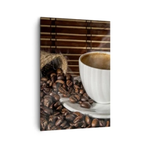Impression sur toile - Image sur toile - Une tasse de café avec des grains sur un fond de bambou - 70x100cm - La noirceur du charbon, la clarté de l'ambre - Décoration murale moderne pour le salon et la chambre ARTTOR