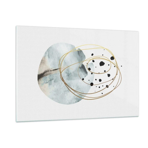 Impression sur verre - Image sur verre - Composition abstraite avec une tache bleue et des lignes dorées - 120x80cm - Emmêlement de l'espace - Décoration murale moderne pour le salon et la chambre ARTTOR