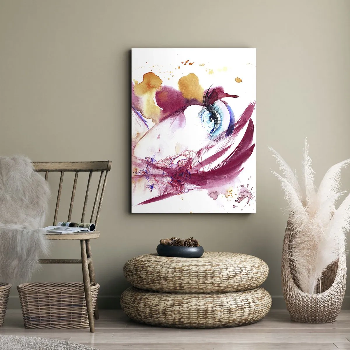 Impression sur toile - Image sur toile - Un visage abstrait avec des yeux expressifs et des accents rouges. - 50x70cm - Le monde prospère dans la proximité - Décoration murale moderne pour le salon et la chambre ARTTOR