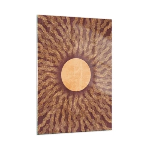 Impression sur verre - Image sur verre - Un soleil stylisé avec des rayons en forme de lignes ondulées sur un fond marron. - 50x70cm - Icône du soleil - Décoration murale moderne pour le salon et la chambre ARTTOR