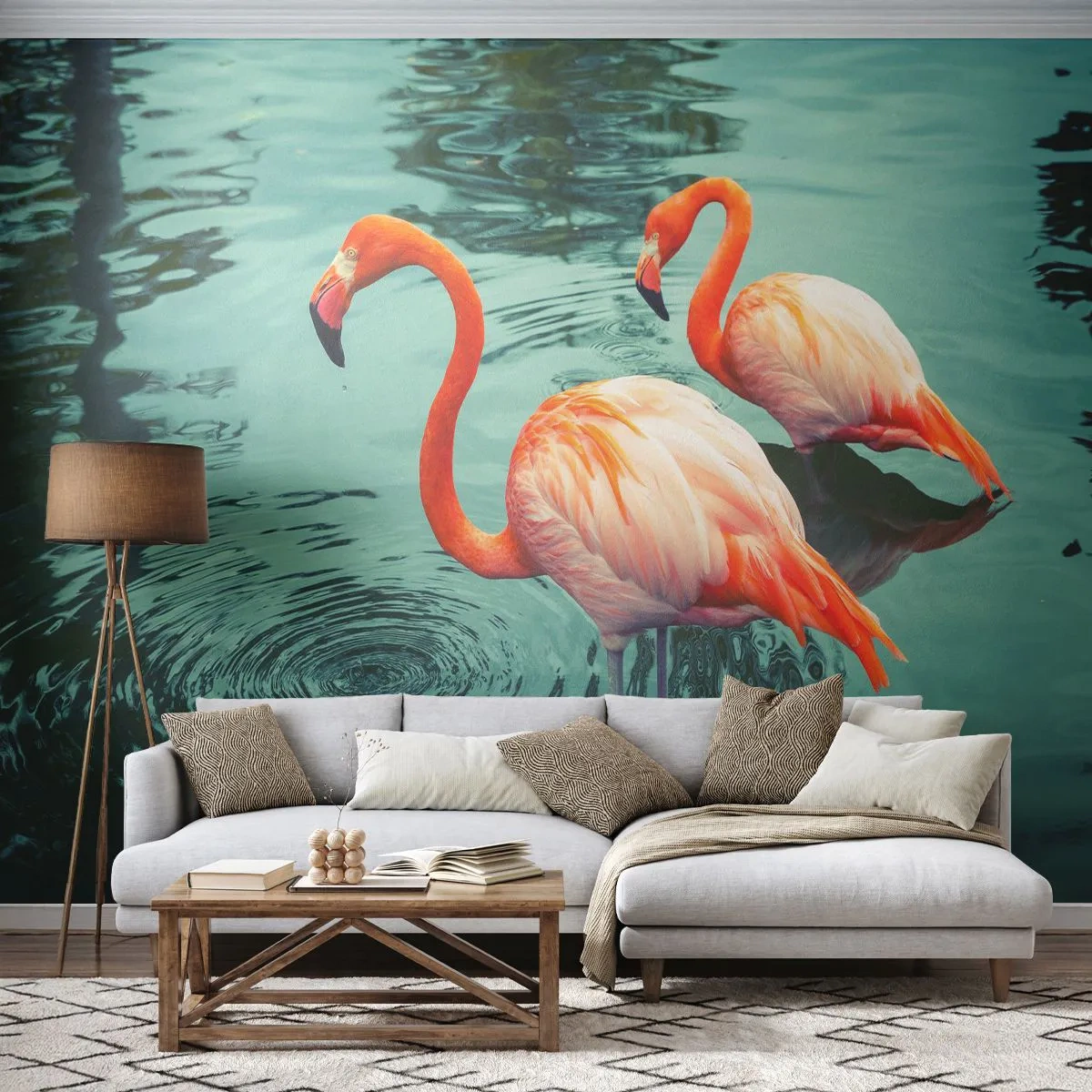 Papier Peint Autocollant Deluxe Sticker - Nous sommes à la mode maintenant - Flamants roses, Des oiseaux, Nature - 350x256 cm