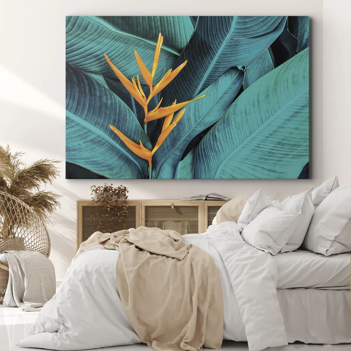 Impression sur toile - Image sur toile - Une fleur exotique sur fond de feuilles de bananier aux tons turquoise. - 70x50cm - Fleur d'Eden - Décoration murale moderne pour le salon et la chambre ARTTOR