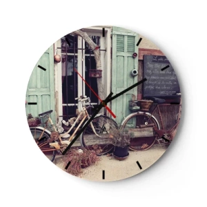 Horloge murale - Pendule murale - Vélos rétro devant des volets verts - 30x30cm - Que la province vive - Décoration murale moderne pour le salon, la cuisine et la chambre ARTTOR