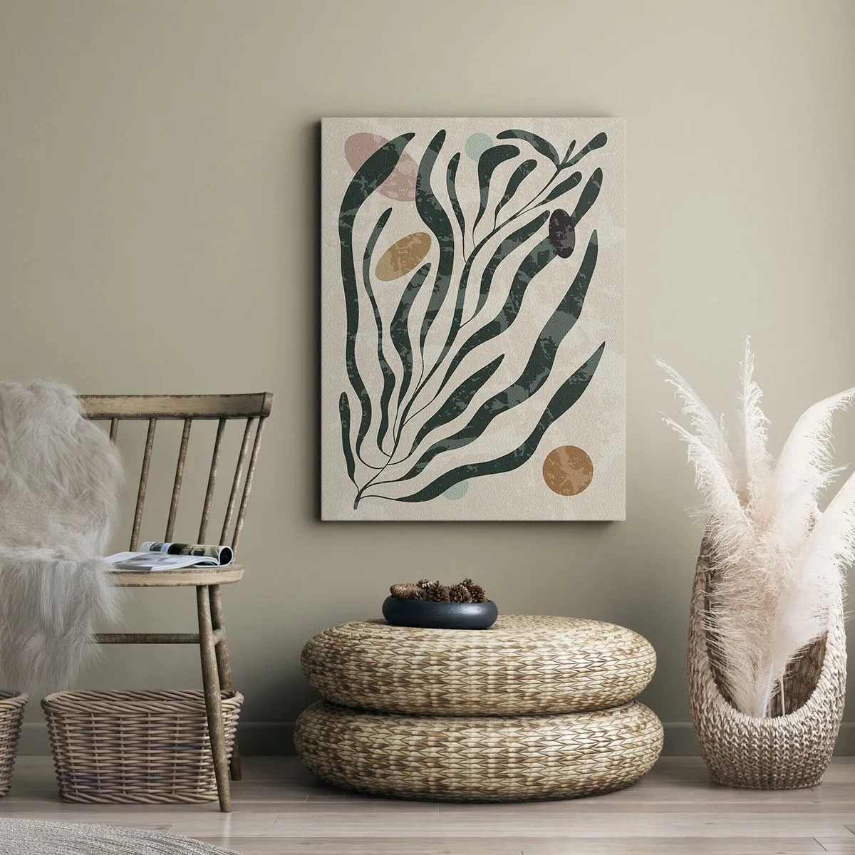 Impression sur toile - Image sur toile - Lignes et formes organiques en vert et beige - 50x70cm - Parmi la verdure - Décoration murale moderne pour le salon et la chambre ARTTOR