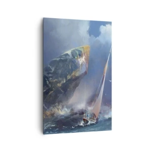 Impression sur toile - Image sur toile - Un voilier dans une tempête au pied d'un rocher massif - 80x120cm - Celui qui est courageux, gagne - Décoration murale moderne pour le salon et la chambre ARTTOR