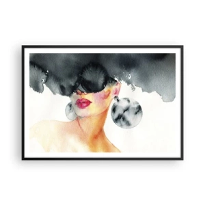 Affiche dans un cadre noir - Poster - Une femme portant des lunettes élégantes et de grandes boucles d'oreilles - 100x70cm - Secret de l'élégance - Décoration murale moderne pour le salon et la chambre ARTTOR