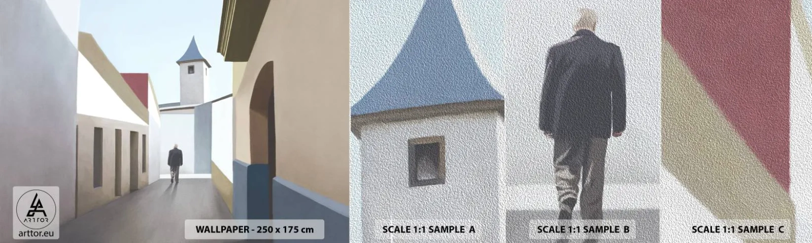 Échantillon de Papier Peint Premium Sand - Une promenade ensoleillée - Pastel, Bâtiments, Architecture - 100x30 cm