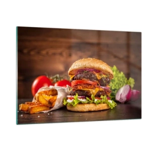 Impression sur verre - Image sur verre - Burger juteux avec garnitures et frites sur fond de bois - 120x80cm - Le fruit défendu - Décoration murale moderne pour le salon et la chambre ARTTOR