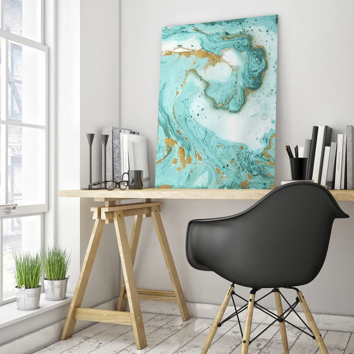 Impression sur verre - Image sur verre - Marbre turquoise avec des accents dorés dans une composition abstraite - 70x100cm - Sous la grande vague de l'ère Edo - Décoration murale moderne pour le salon et la chambre ARTTOR