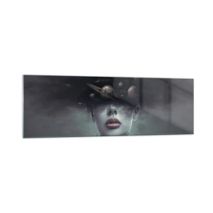 Impression sur verre - Image sur verre - Un visage de femme avec un motif de planète et d'espace en arrière-plan - 160x50cm - Et les planètes deviennent folles... - Décoration murale moderne pour le salon et la chambre ARTTOR