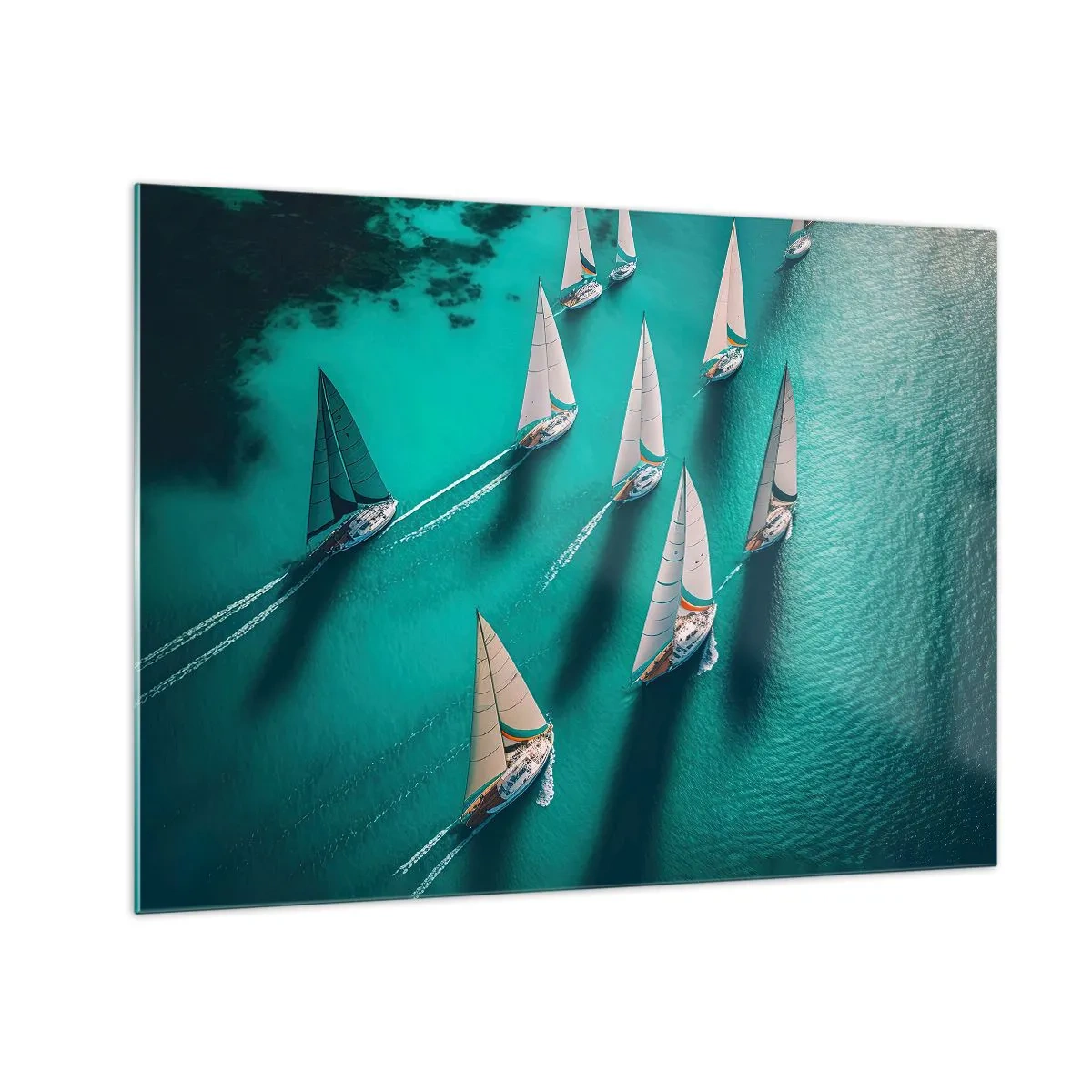 Impression sur verre - Image sur verre - Voiliers sur une eau turquoise capturés à vol d'oiseau - 70x50cm - Dans une compétition avec le vent - Décoration murale moderne pour le salon et la chambre ARTTOR