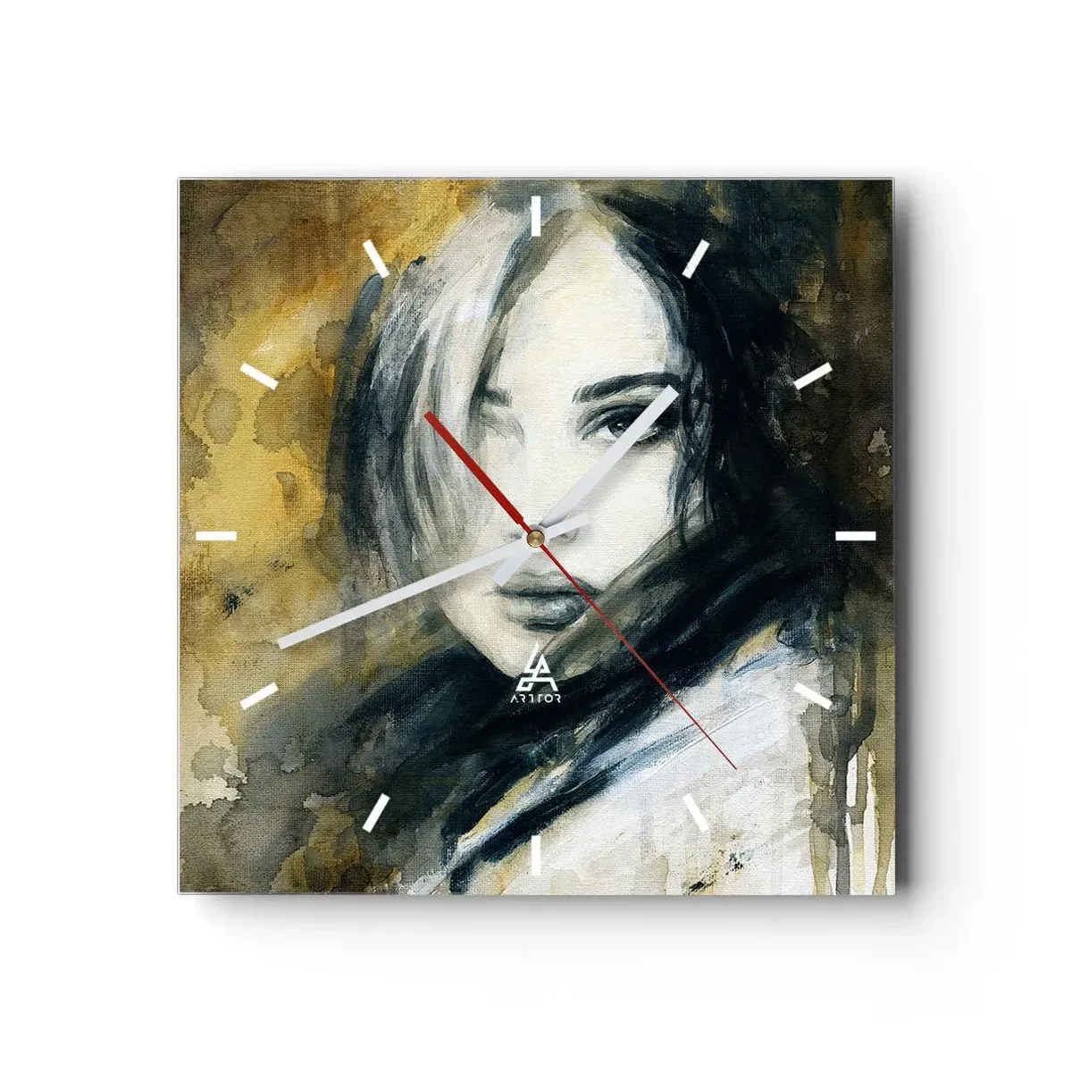 Horloge murale - Pendule murale - Portrait d'une femme sur fond de taches abstraites dans les tons beiges - 30x30cm - plutôt innocente ou sensuelle ? - Décoration murale moderne pour le salon et la chambre ARTTOR