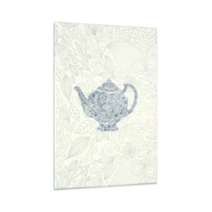 Impression sur verre - Image sur verre - Dessin décoratif d'une théière avec des ornements bleus - 70x100cm - Le charme du thé - Décoration murale moderne pour le salon et la chambre ARTTOR