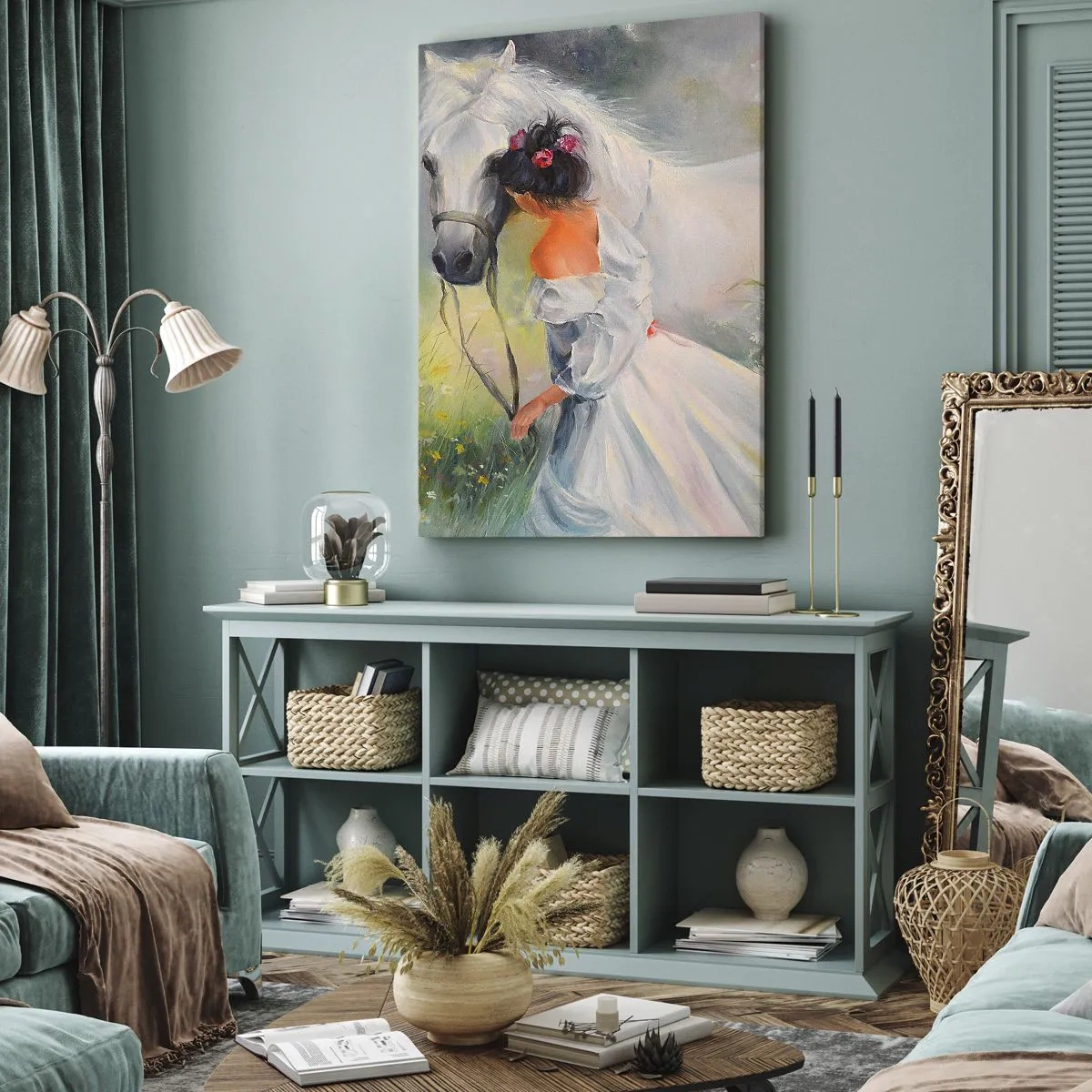 Impression sur toile - Image sur toile - Une femme avec un cheval blanc dans un cadre pittoresque - 50x70cm - Comme dans un beau rêve - Décoration murale moderne pour le salon et la chambre ARTTOR