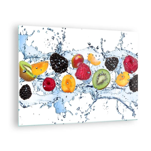 Impression sur verre - Image sur verre - Fruits colorés dans l'eau sur fond blanc - 70x50cm - Amusez-vous avec nous - Décoration murale moderne pour le salon et la chambre ARTTOR