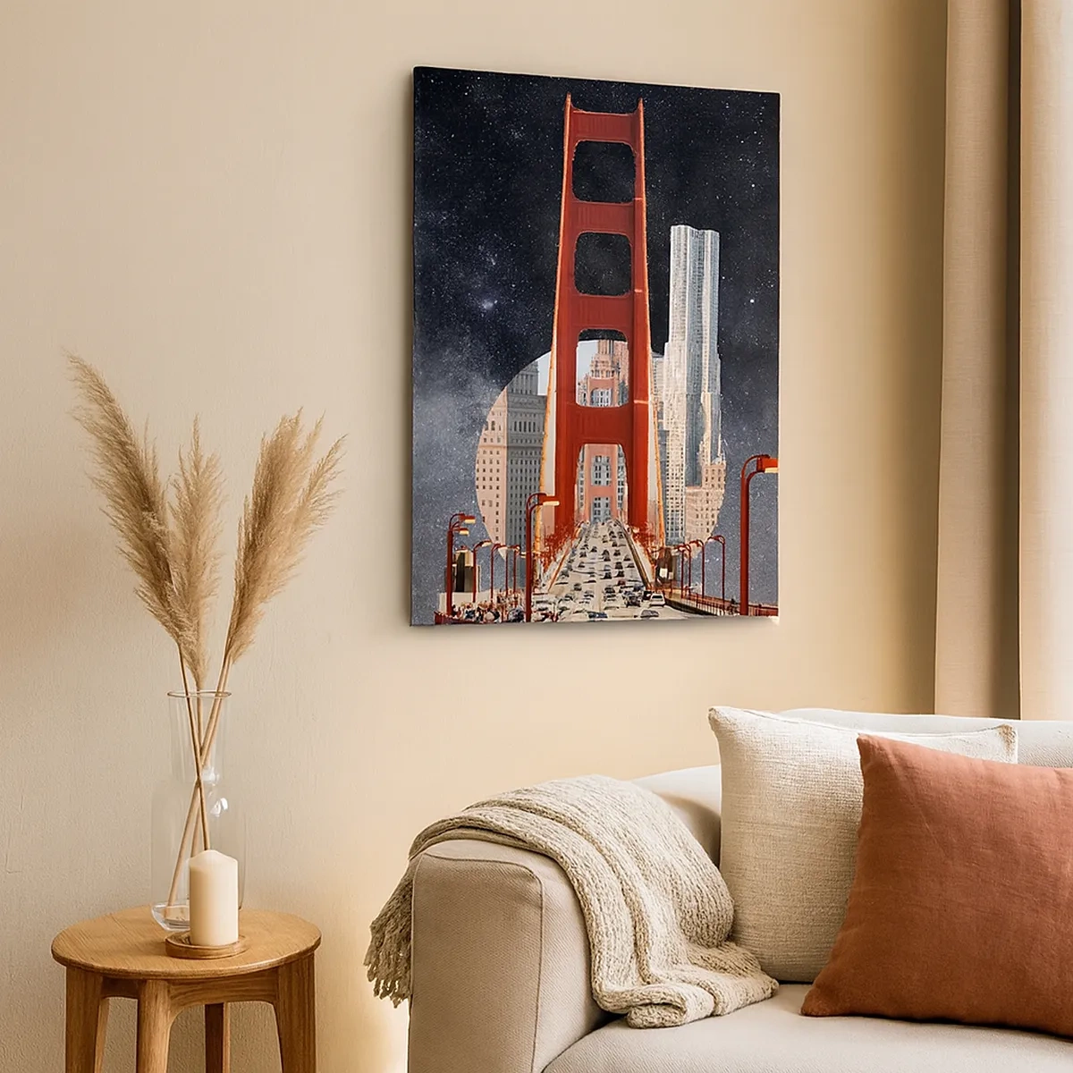 Impression sur toile - Image sur toile - Le Golden Gate Bridge avec la ville en arrière-plan contre un ciel étoilé - 50x70cm - Toujours au centre - Décoration murale moderne pour le salon et la chambre ARTTOR