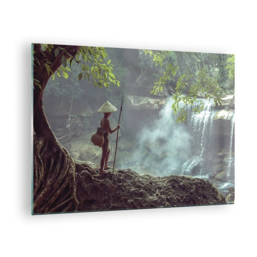Impression sur verre - Image sur verre - Un garçon avec une lance près d'une cascade dans la forêt tropicale - 70x50cm - Lier d'amitié avec la nature - Décoration murale moderne pour le salon et la chambre ARTTOR