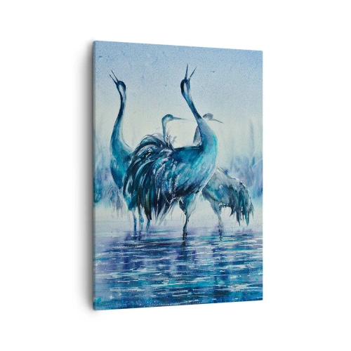 Impression sur toile - Image sur toile - Grues sur fond de brouillard et d'eau dans des tons bleus - 50x70cm - Réunion matinale - Décoration murale moderne pour le salon et la chambre ARTTOR