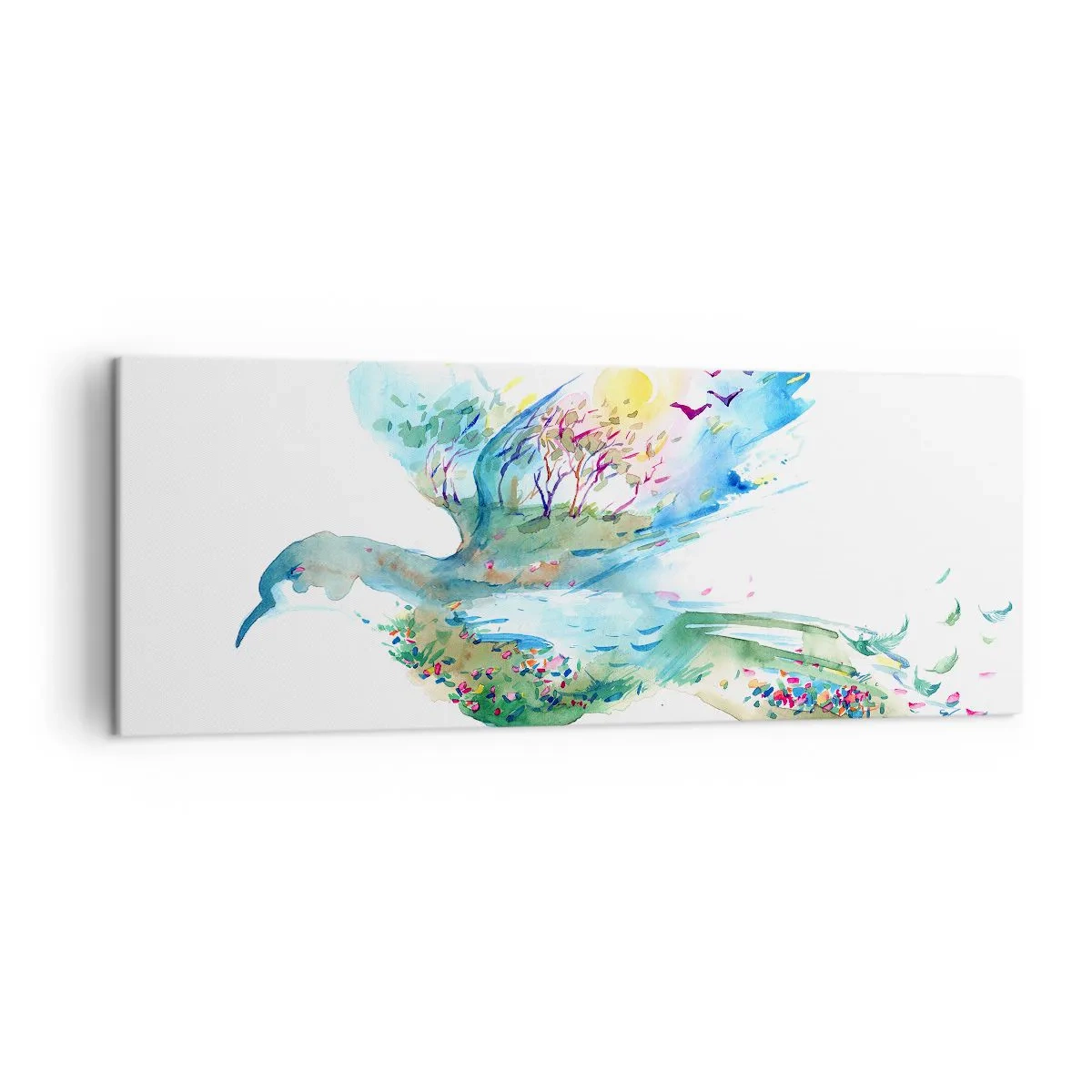 Impression sur toile - Image sur toile - Composition à l'aquarelle d'un oiseau avec des éléments de la nature - 140x50cm - Sur les ailes de la nature - Décoration murale moderne pour le salon et la chambre ARTTOR