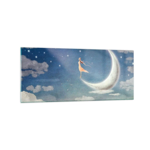 Impression sur verre - Image sur verre - Une femme dans la lune entourée d'étoiles et de nuages - 120x50cm - Valise bleue - Décoration murale moderne pour le salon et la chambre ARTTOR