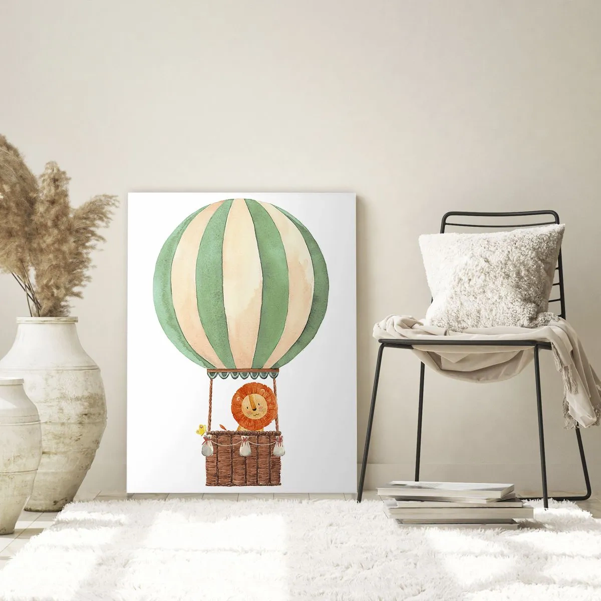 Impression sur verre - Image sur verre - Un lion dans un panier de ballons flottant sur un fond blanc - 50x70cm - Les voyages de Léon - Décoration murale moderne pour le salon et la chambre ARTTOR