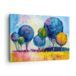 Impression sur toile - Image sur toile - Arbres colorés en forme de boule sur fond de paysage - 70x50cm - Sphère - la forme idéale - Décoration murale moderne pour le salon et la chambre ARTTOR