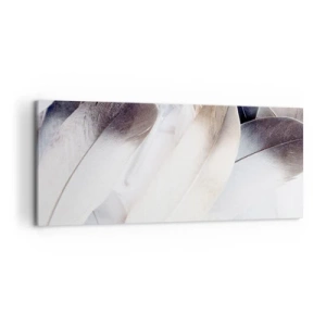 Impression sur toile - Image sur toile - Gros plan de plumes délicates dans des tons de blanc et de gris - 120x50cm - Presque angélique - Décoration murale moderne pour le salon et la chambre ARTTOR