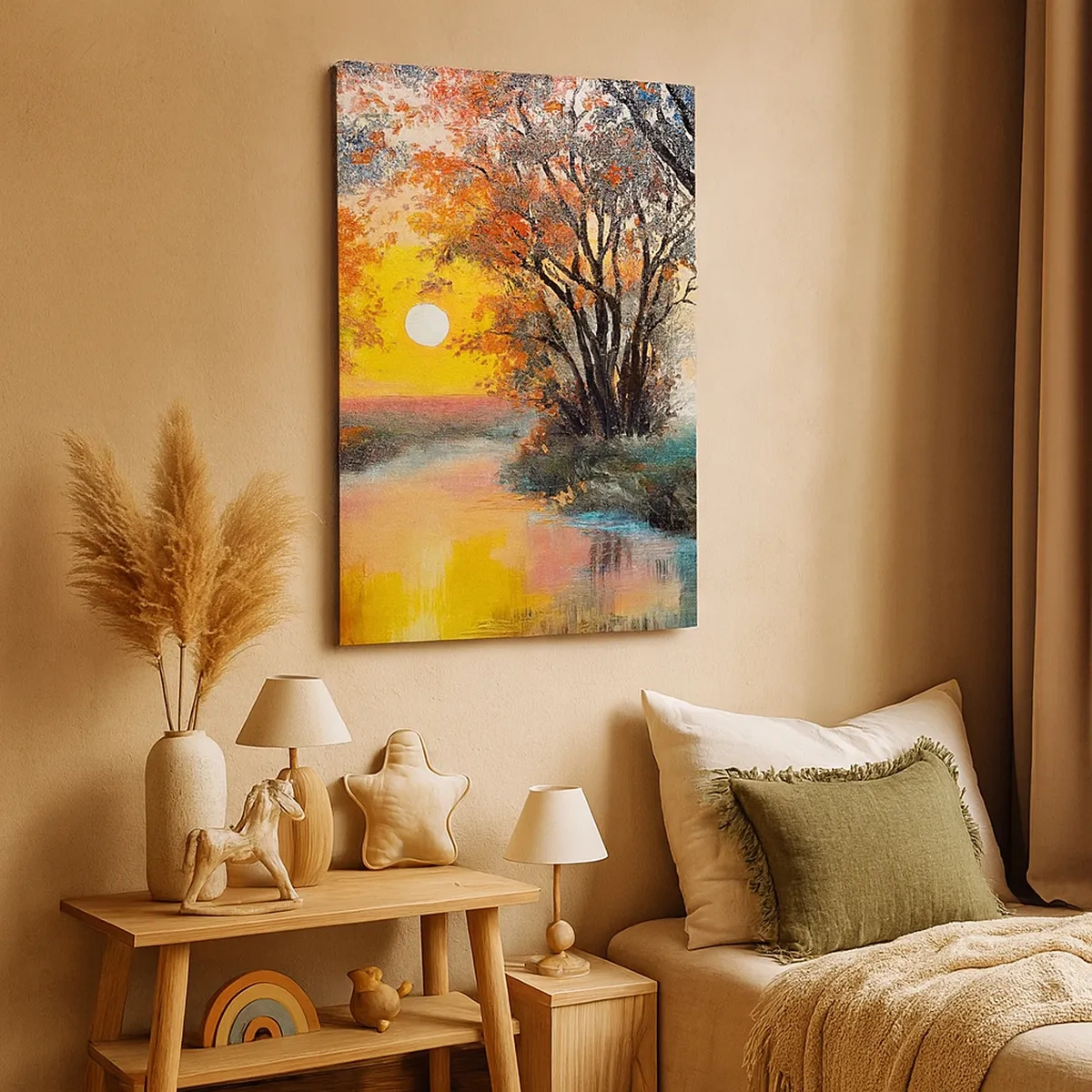 Impression sur toile - Image sur toile - Coucher de soleil sur la rivière dans un paysage d'automne - 50x70cm - Climats de printemps - Décoration murale moderne pour le salon et la chambre ARTTOR