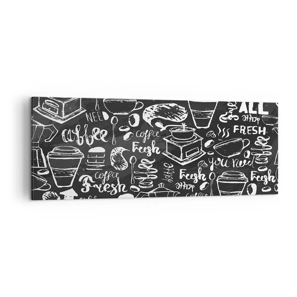 Impression sur toile - Image sur toile - Graphiques de café élégants sur fond noir - 140x50cm - Tout ce dont tu as besoin c'est… - Décoration murale moderne pour le salon et la chambre ARTTOR