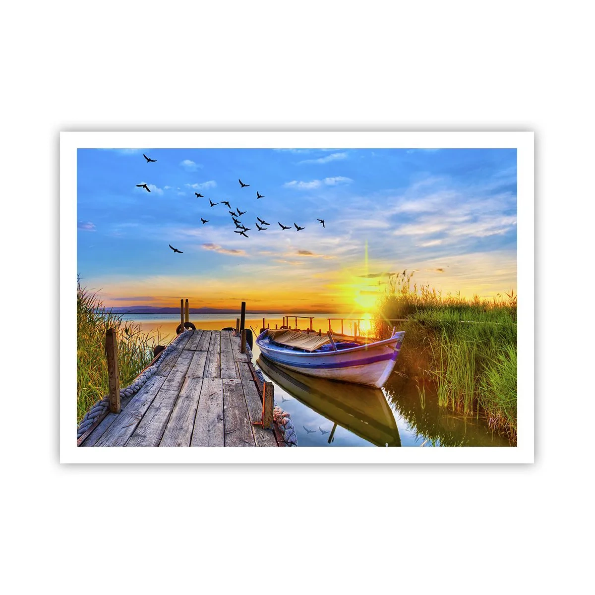 Affiche - Poster - Un bateau sur une jetée en bois au coucher du soleil - 100x70cm - Au revoir, à demain - Décoration murale moderne pour le salon et la chambre ARTTOR